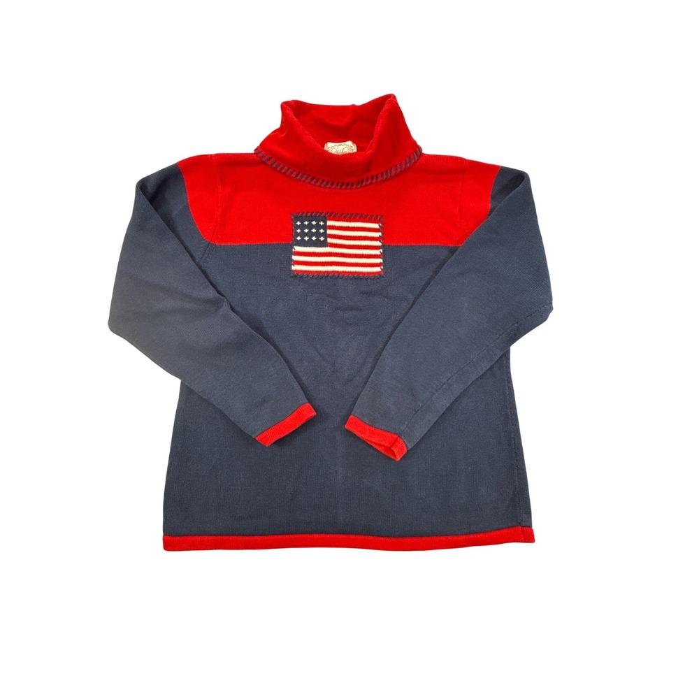 Stitches In Time American Flag Sweater Womens Large Navy Red Cotton Mock Neck